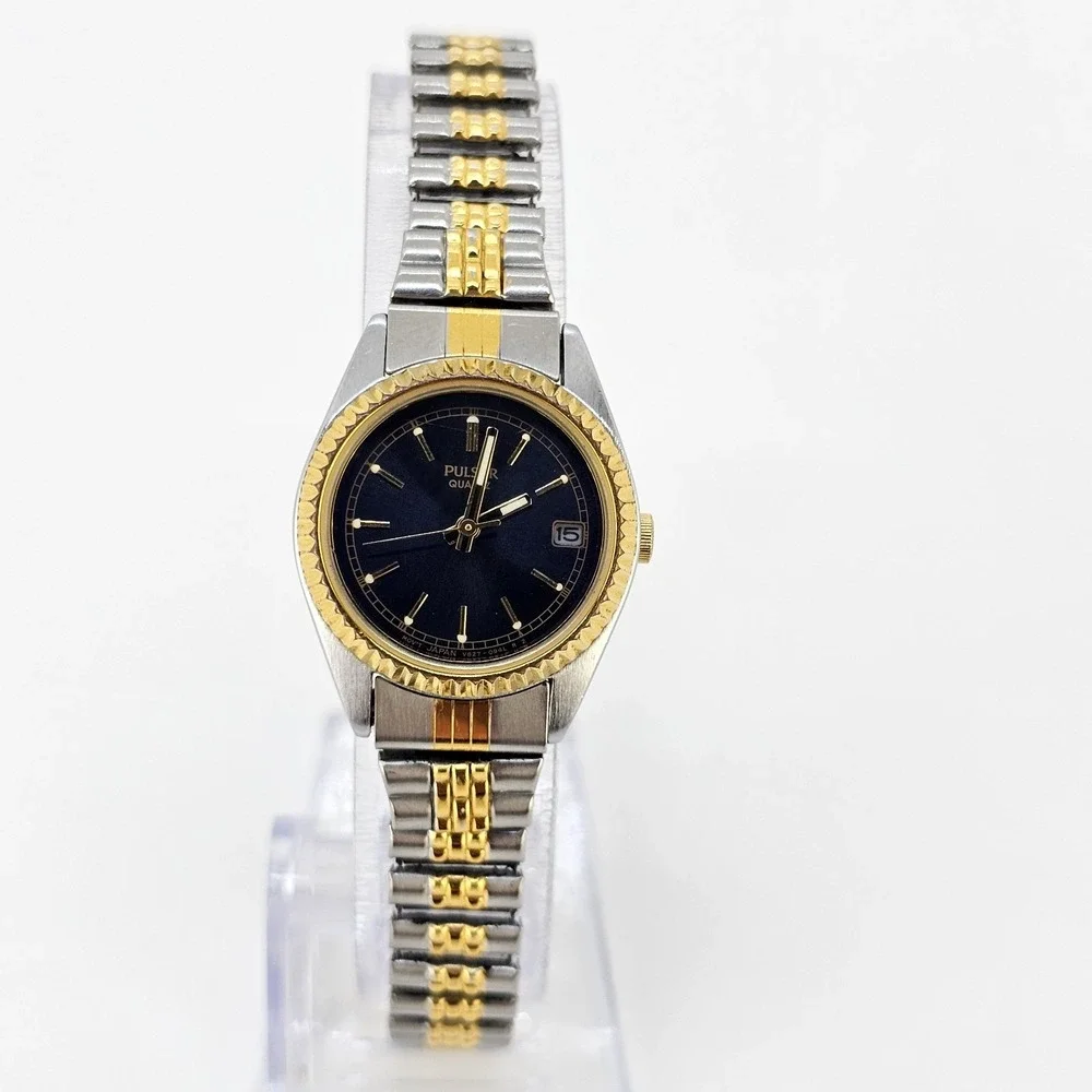 VTG Pulsar Women's Watch 24MM Black Dial Two Tone Stretch Band 5.75